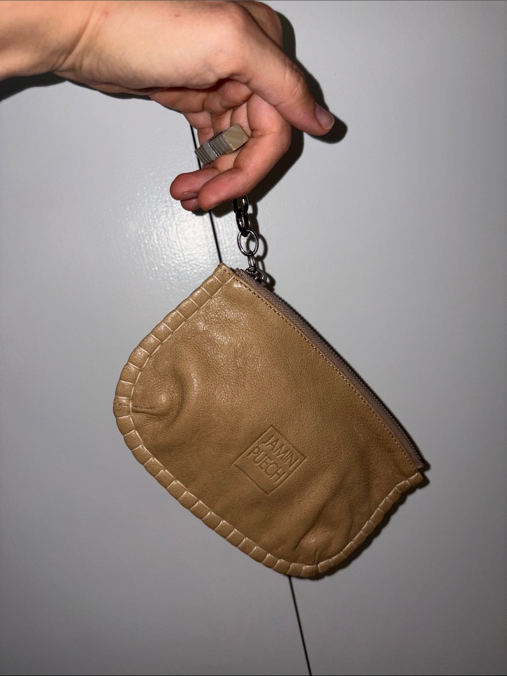 Tan Leather Wristlet Pouch with Chain Pull - Picture 7 of 7